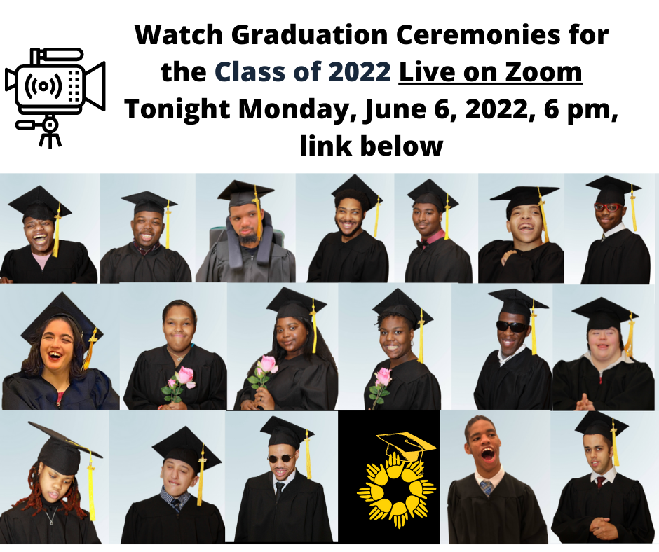 Thumnail images of each graduate in cap and gown with text "Watch graduation ceremonies today, monday, June 6, 2022 live on zoom, link included below"