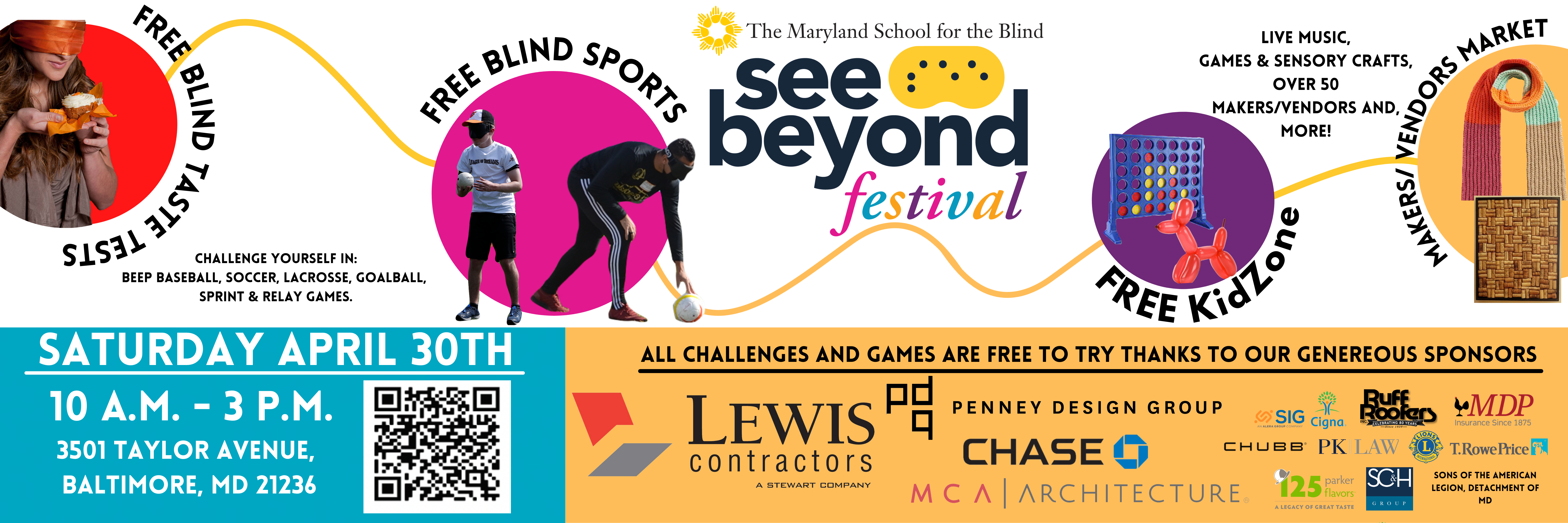 See Beyond Festival banner featuring a young male in eyeshades holding a catcher's mitt, a soccer player wearing eyeshades bent over holding soccer ball with one hand, a woman with a blindfold holding a plate with food on it, and a ballon animal shaped like a dog next to a connect four game, and a scarf and a bag representing the Marketplace for the event, saturday April 30, 2022 from 10 am to 3 pm. 