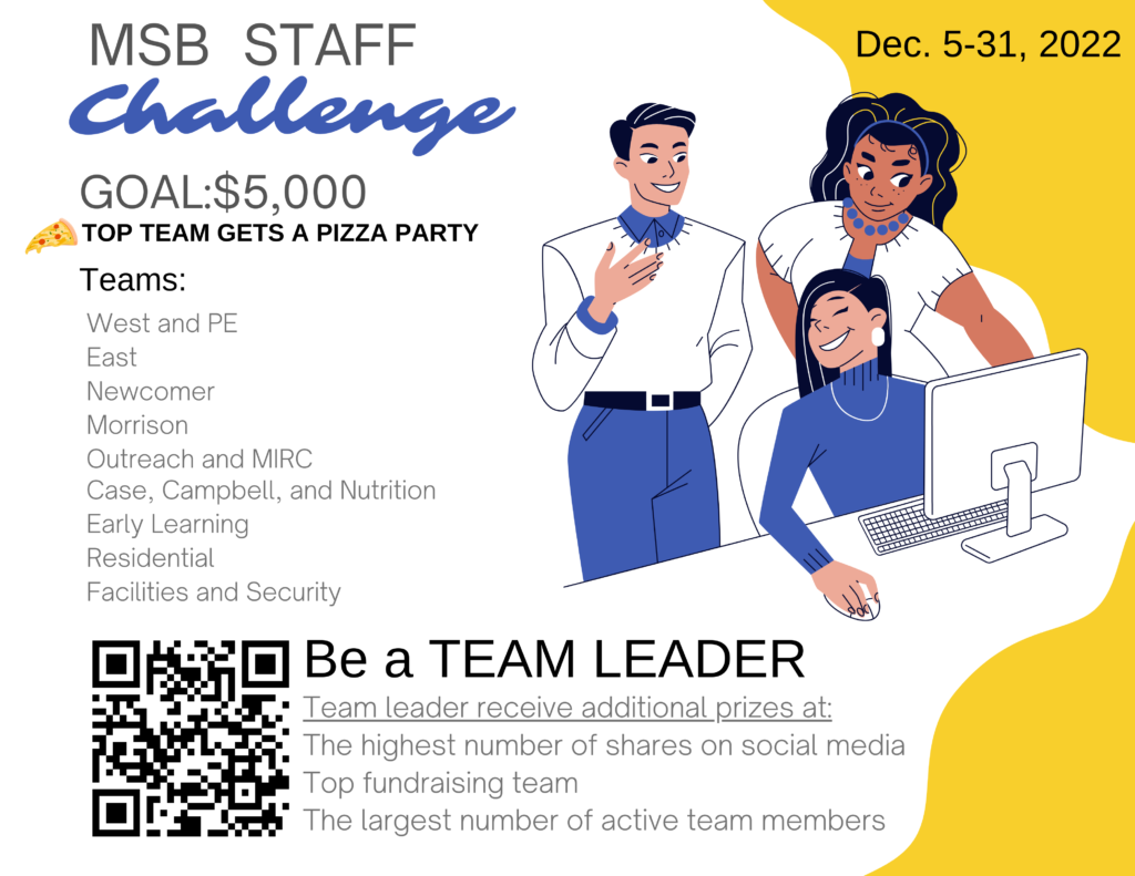 Staff Challenge Flyer: Goal of $5,000. Winner's get a pizza party. Teams are: West and PE, East, Newcomer, Morrison, Outreach and MIRC, Case/Campbell/Nutrition, Early Learning, Residential, and Faclities/Security. Be a Team Leader (follow the QR code to form). Team leader receive additional prizes at: The highest number of shares on social media, Top fundraising team, The largest number of active team members.