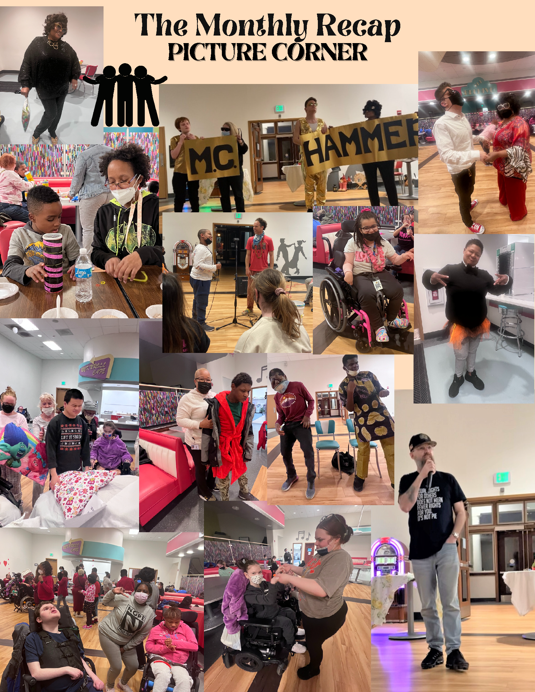 a collage of photos of people in a room.