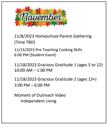 Un folleto para las reuniones de padres que educan en casa en noviembre.