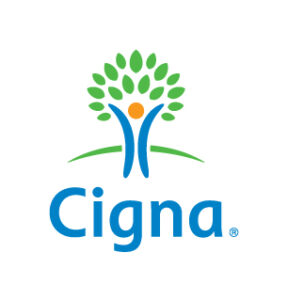 Cigna logo featuring a stylized human figure with green leaves forming a tree above, representing health and vitality.