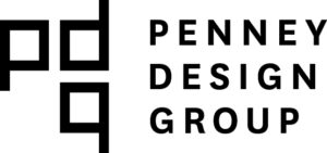 Black and white logo of Penney Design Group with stylized lowercase letters "pdg" on the left and the name written vertically on the right.