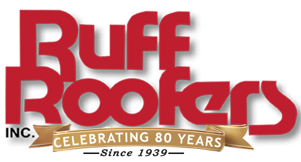 Logo of Ruff Roofers with bold red text. A gold ribbon below reads "Celebrating 80 Years Since 1939".