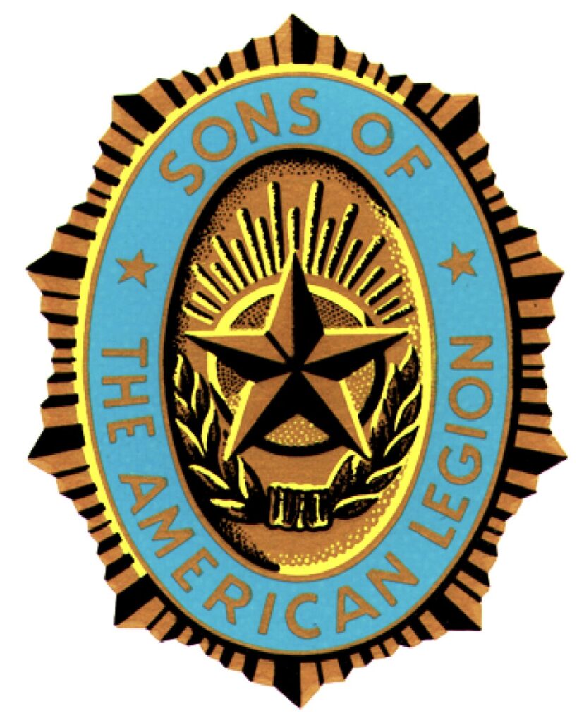 Emblem of the Sons of the American Legion featuring a gold star and laurel wreath on a blue background, encircled by the text "Sons of the American Legion.