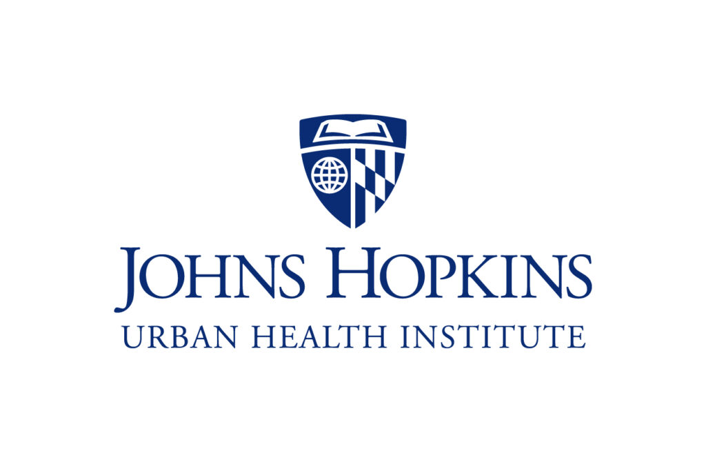 Johns Hopkins Urban Health Institute logo with a blue emblem featuring a globe, book, and checkered pattern above the text.
