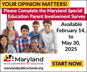 Group of diverse individuals smiling with text promoting the Maryland Special Education Parent Involvement Survey, open from February 14 to May 30, 2025.