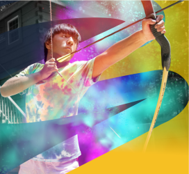 Student drawing a bow and arrow during an outdoor activity, with colorful graphic overlays representing focus and movement.