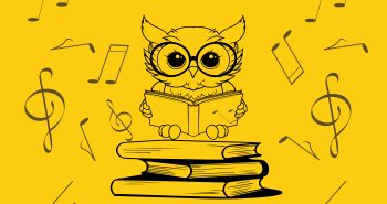 Illustration of an owl reading a book on a stack of books with musical notes around it for a spring concert titled “We Love Books”