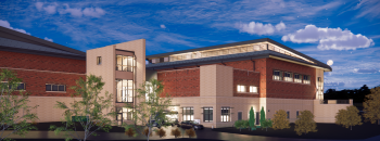 Architectural rendering of MSB’s new red-brick and stone building, illuminated at dusk beneath a blue, partly cloudy sky.Architectural rendering of MSB’s new red-brick and stone building, illuminated at dusk beneath a blue, partly cloudy sky.