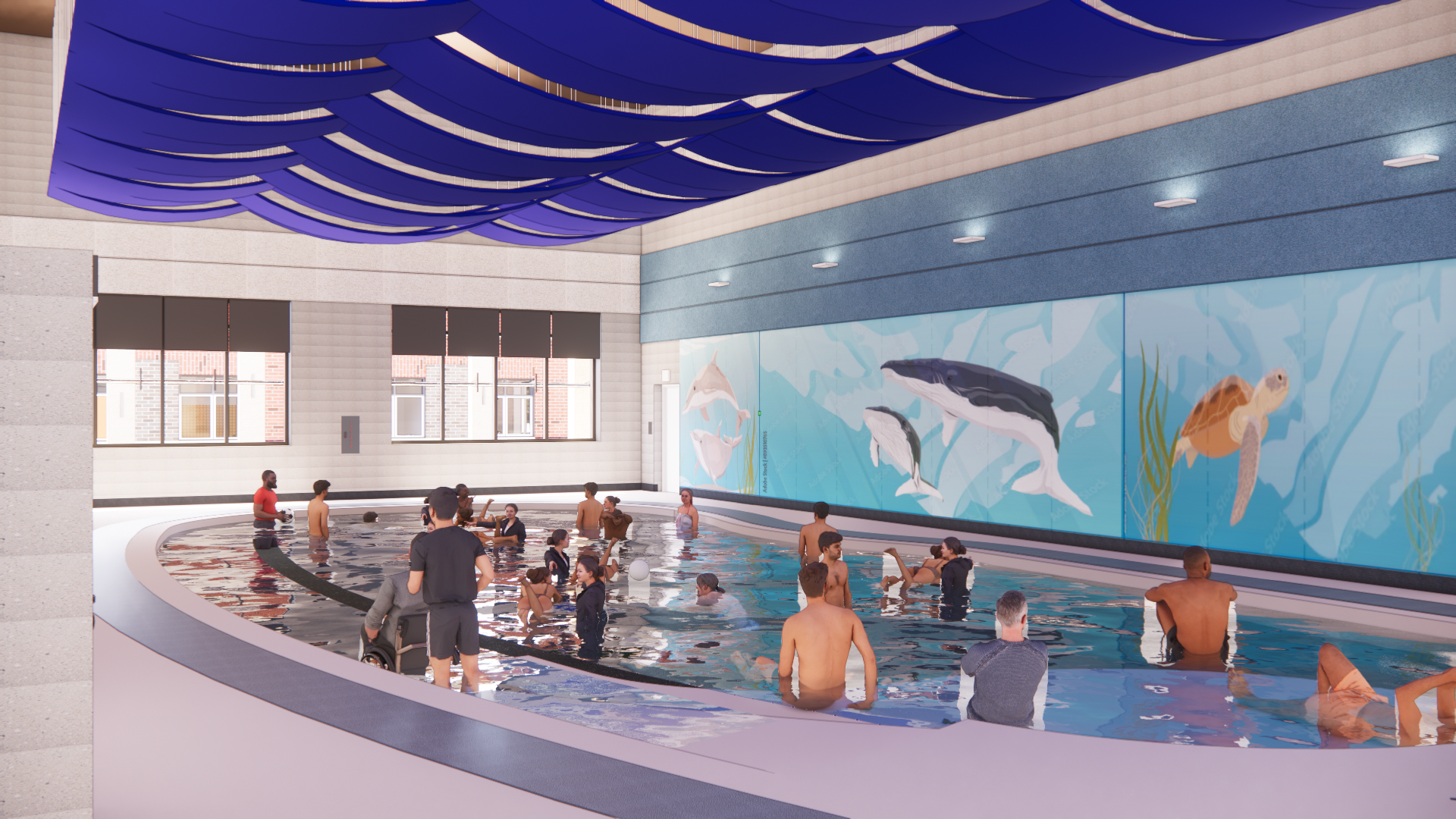 Rendering of MSB's planned accessible pool, with an ocean mural of a whale, dolphins, and a sea turtle, and people in the water.