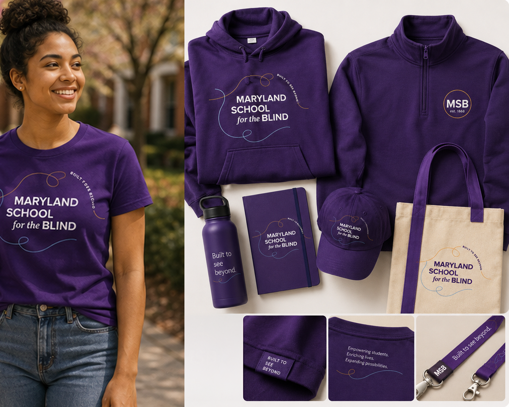 A woman wearing a purple Maryland School for the Blind t-shirt, alongside a flat lay of matching branded merchandise: a purple hoodie and quarter-zip pullover, a water bottle and journal reading "Built to see beyond," a purple cap, a canvas tote bag, and a lanyard, all featuring the new wordmark and swirl design.