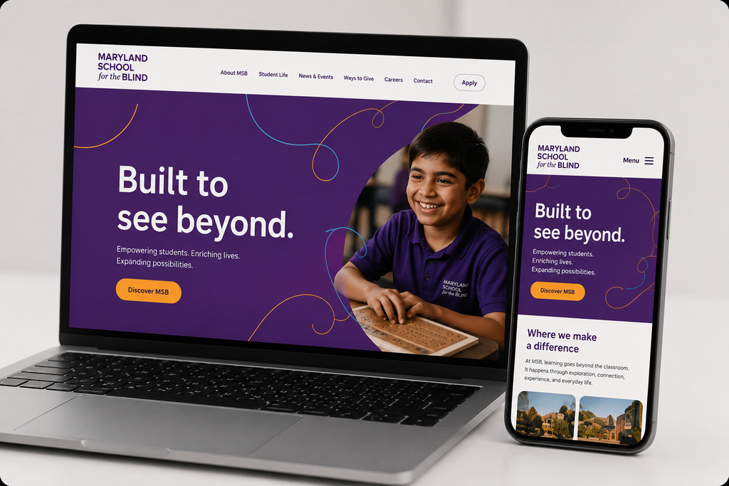 MSB's new website homepage shown on a laptop and phone, with a purple hero banner reading "Built to see beyond," a photo of a smiling student using a braille keyboard, and the site's main navigation menu.